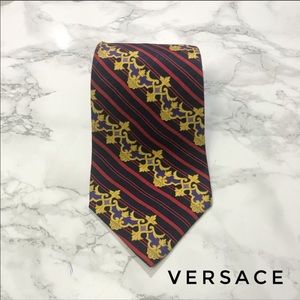 Versace Red Purple Gold Baroque Striped Silk Tie